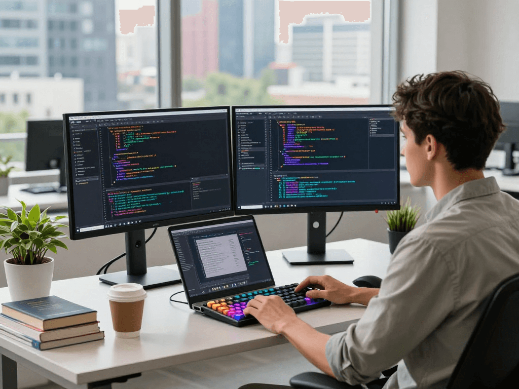 Developer focused on coding at a workspace featuring dual monitors and modern tech elements for http://debet-app.com.