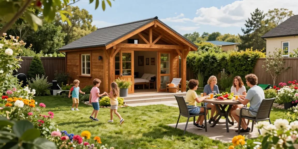 Gemütliches Gartenhaus von McGarden24 im sonnigen Garten mit spielenden Kindern und Familie am Tisch, perfekte Wohlfühlatmosphäre.