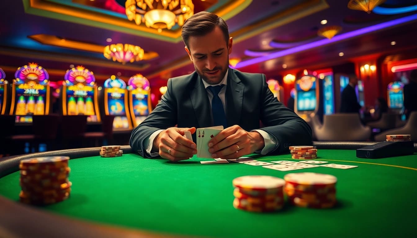 Spielen Sie casinospielen an einem eleganten Pokertisch mit Atmosphäre und Spannung.