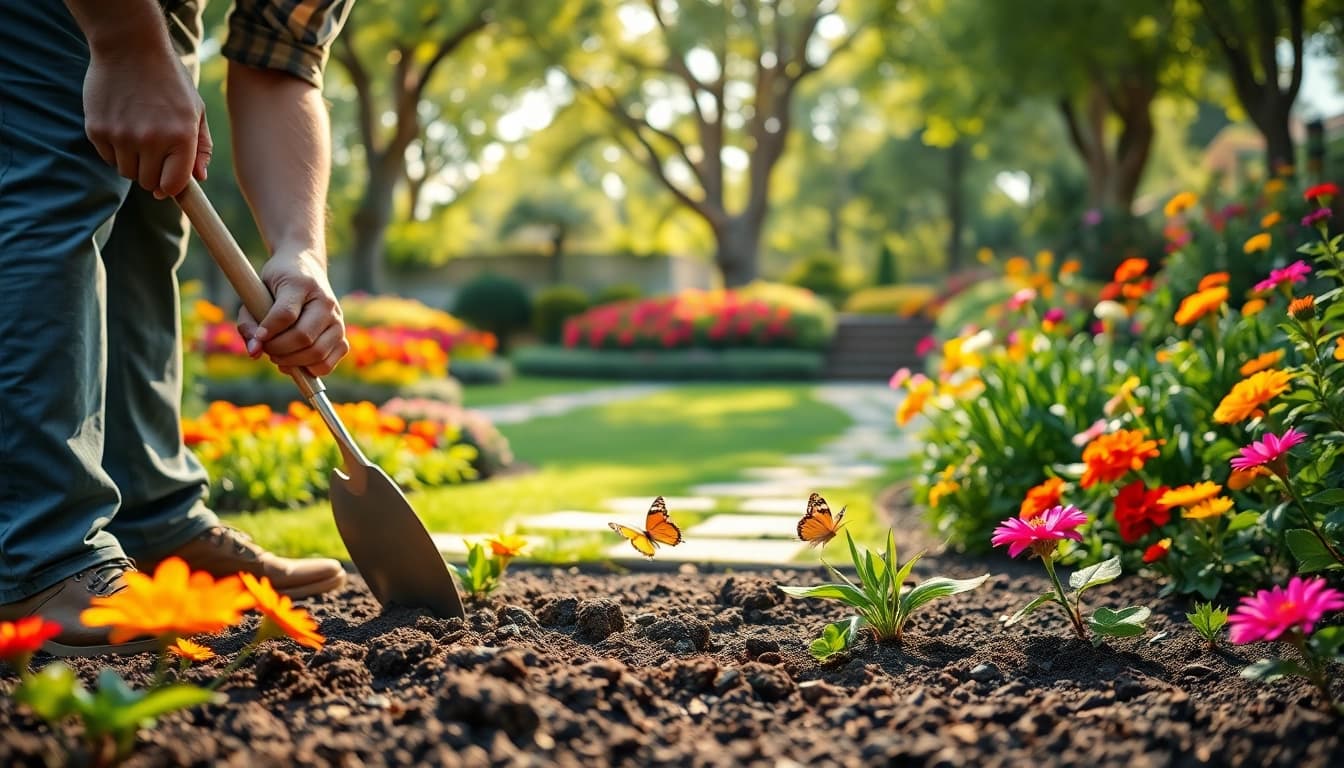 Galabauer gestaltet eine blühende Gartenlandschaft mit bunten Pflanzen.