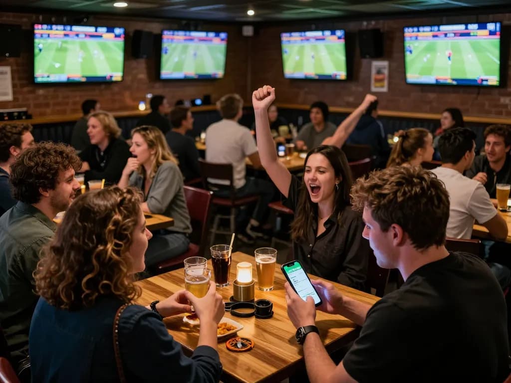 Join the excitement of go8 sports betting with enthusiastic fans cheering at a vibrant sports bar.