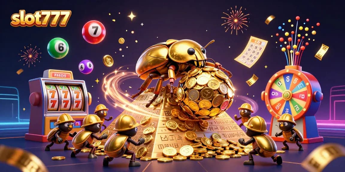 Experience the excitement of slot777 with golden gambling elements and vibrant casino symbols.
