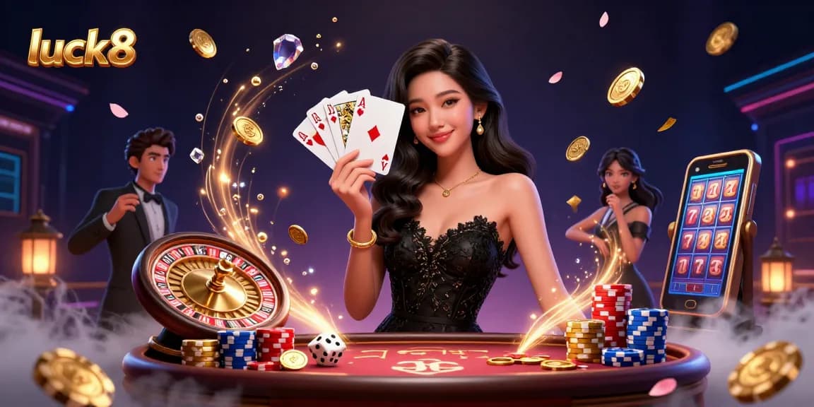 Experience thrilling gameplay with luck8 as an elegant Asian woman showcases her poker skills against a luxurious casino backdrop.