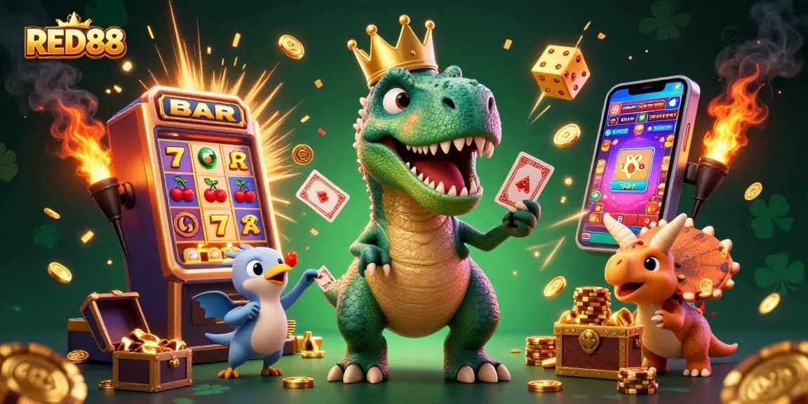 Play exciting slots at RED88 with vibrant characters and a captivating casino atmosphere.