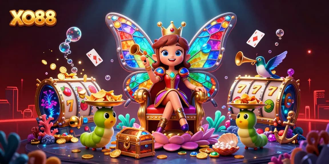 Experience the vibrant gaming world of XO88 with a colorful 3D scene showcasing slots and casino elements.