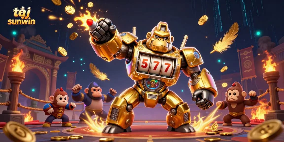 Experience thrilling gaming at tại sunwin with dynamic visuals of a golden gorilla mech bursting with coins.