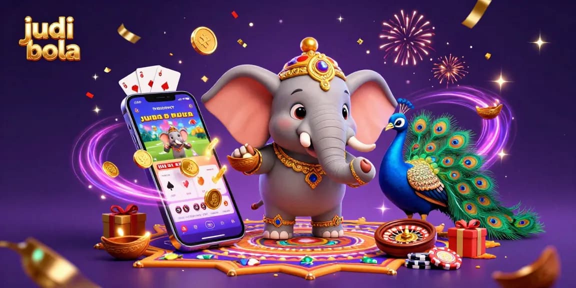 Engage in judi bola with an energetic scene featuring a colorful elephant and peacock amidst dynamic betting elements.