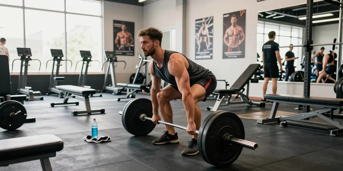 Anabolika Shop Deutschland dynamische Fitness-Szene mit einem Bodybuilder, der Gewichte in einer hellen Fitnessstudio-Umgebung mit motivierenden Elementen hebt.
