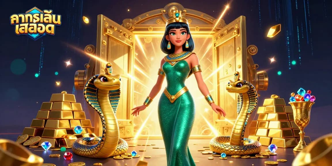 Play ทดลองเล่นสล็อต with a captivating 3D illustration of a woman, golden cobra, and treasures.