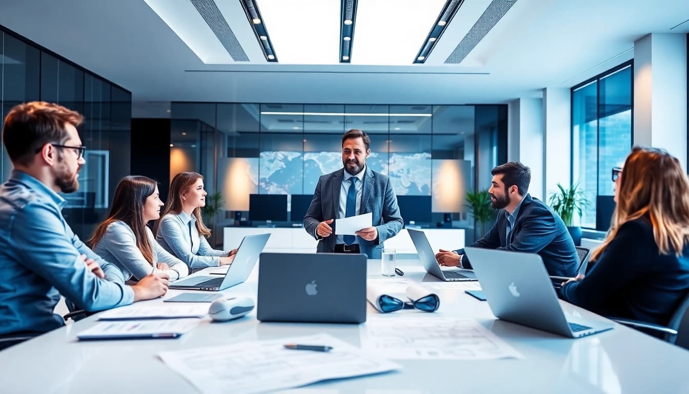Headhunter Ingenieure in einer Besprechung mit Ingenieuren, die ihre Karrieremöglichkeiten betrachten.