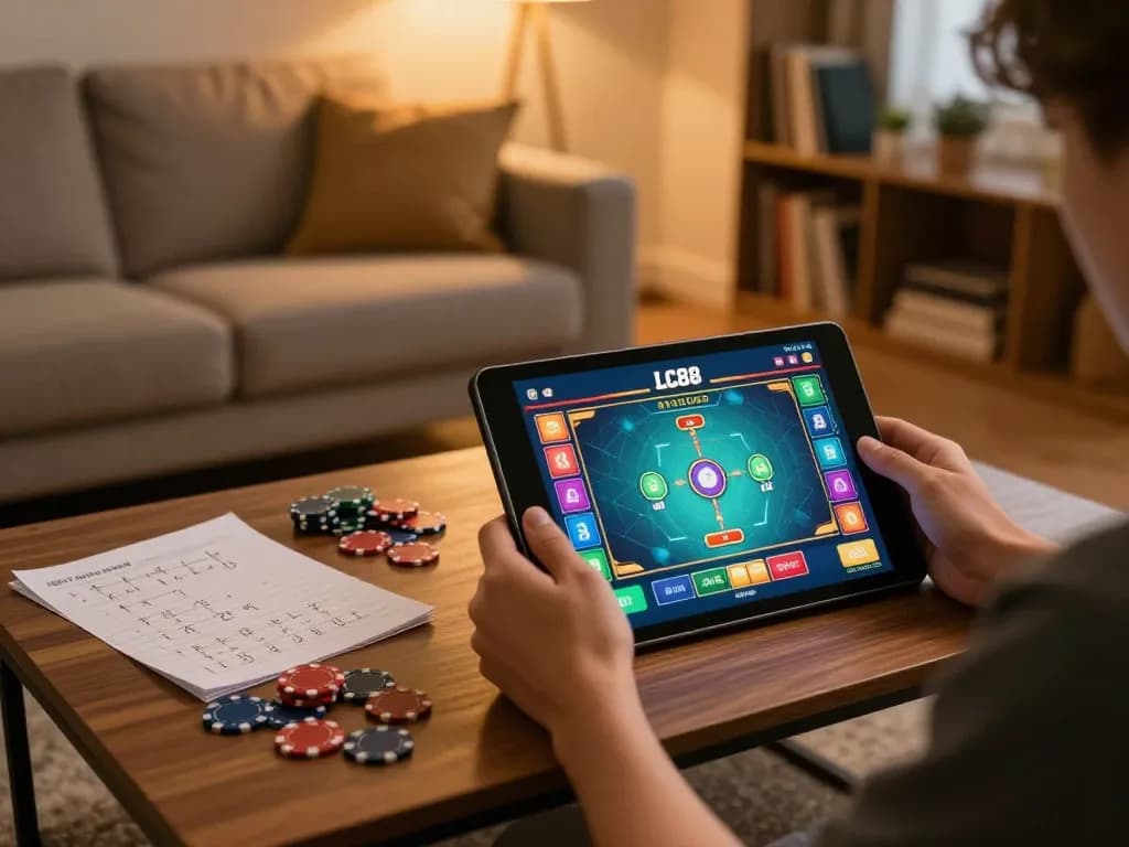 Player engaging with LC88 app on tablet, analyzing winning strategies in comfortable home setup.