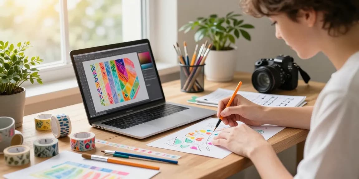 Artist creating custom washi tape designs in a bright studio.
