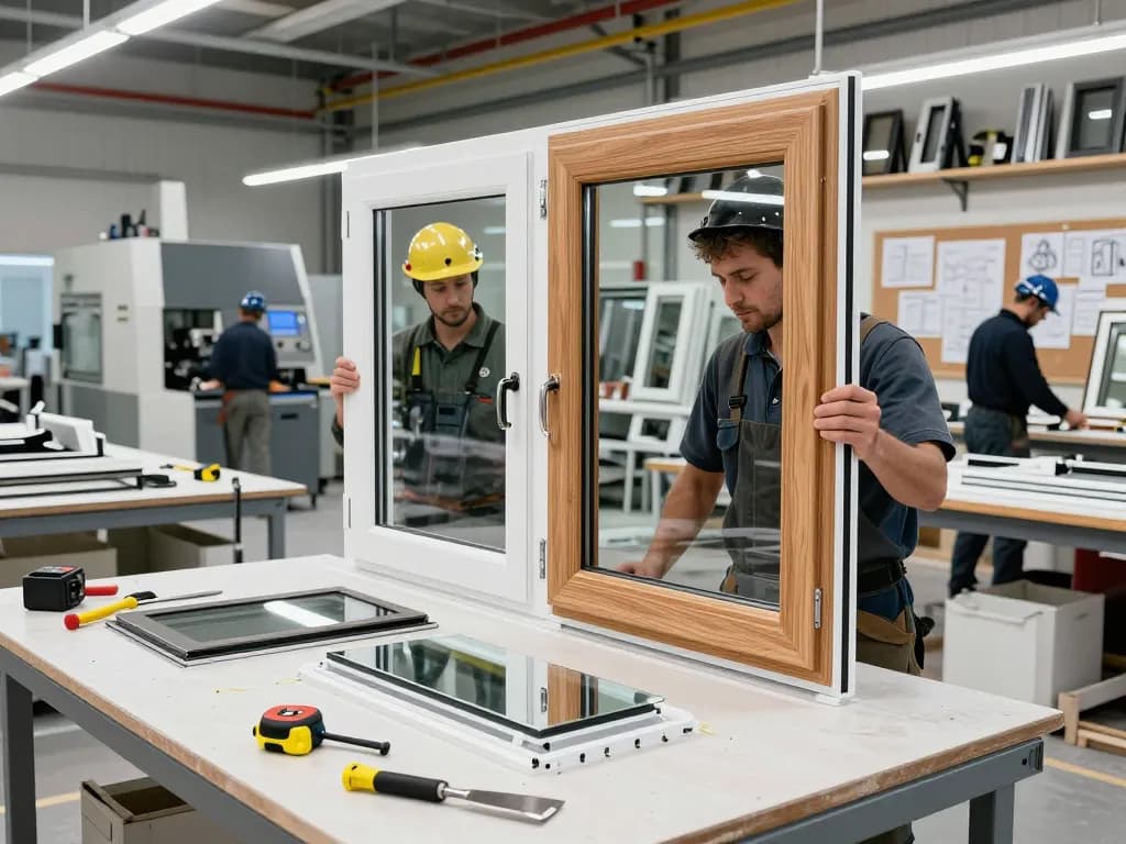 Handwerker in der Fensterbauwerkstatt, der Holzbilderrahmen mit fortschrittlicher Technik inspiziert.