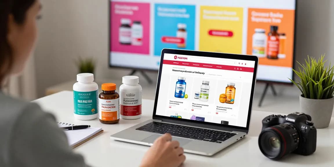 Ansprechendes Einkaufserlebnis im Medi Pharma Shop mit Wellness-Nahrungsergänzungsmitteln und Werbepräsentationen.