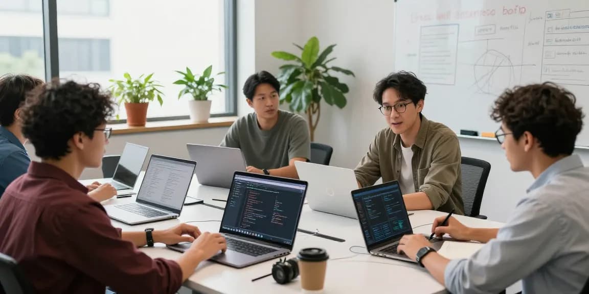 Team collaborating in an office while learning to build internal tools with AI, showcasing diverse professionals at work.