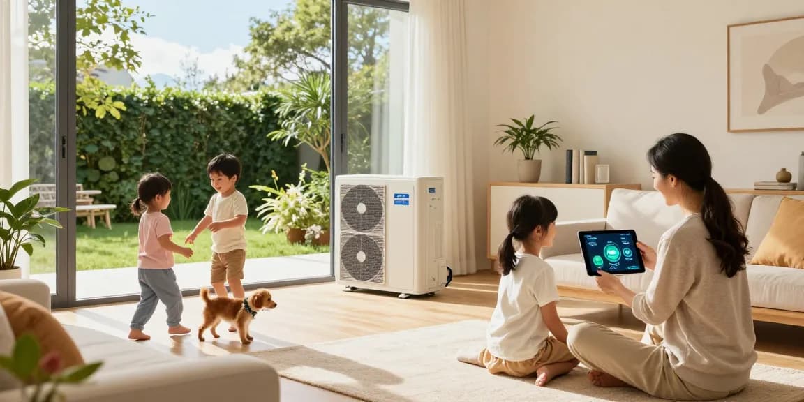 wärmepumpe kaufen in an eco-friendly home setting, showcasing energy efficiency and family interaction.