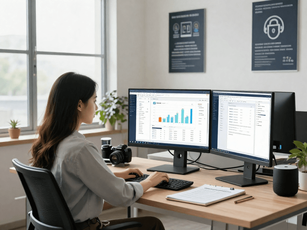 Advanced document fraud detection analysis in a modern office environment with data analyst reviewing AI tools and metrics.