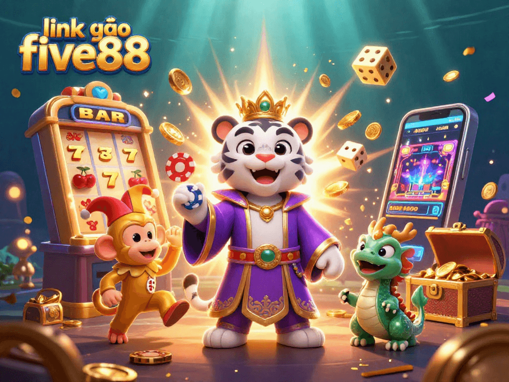 Experience the thrill of link vào five88 with a vibrant casino scene featuring a royal tiger and playful monkey.