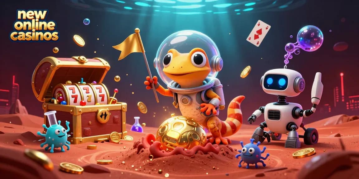 Explore new online casinos with a lively Martian gecko discovering treasures.
