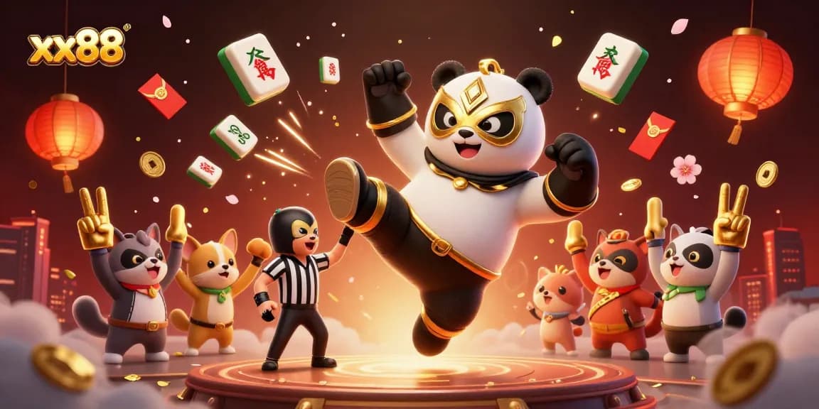 Experience the thrilling action of xx88 with a panda wrestler kicking, chihuahua ref counting, and cheering crowd.