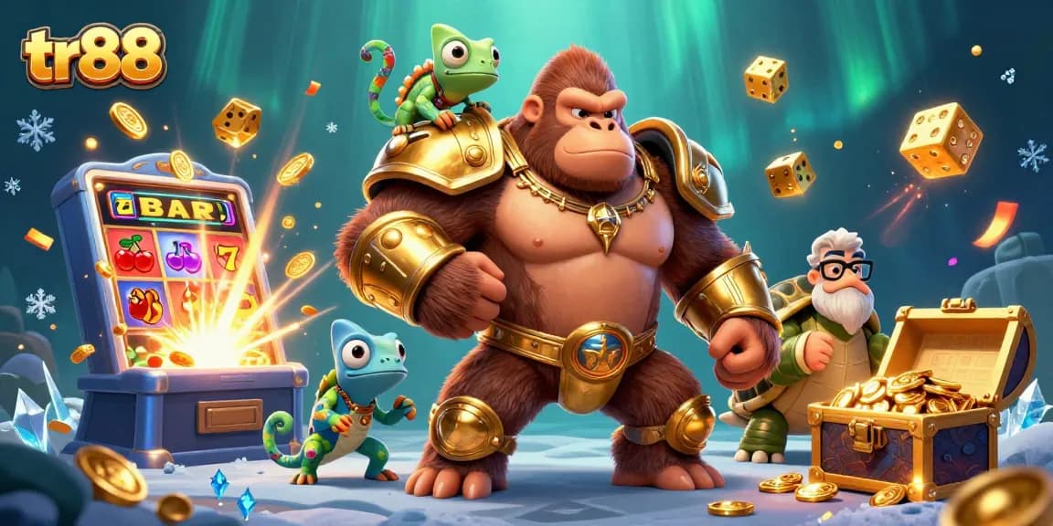 Experience the excitement of tr88 with a vibrant 3D scene of a powerful gorilla king and colorful casino elements.