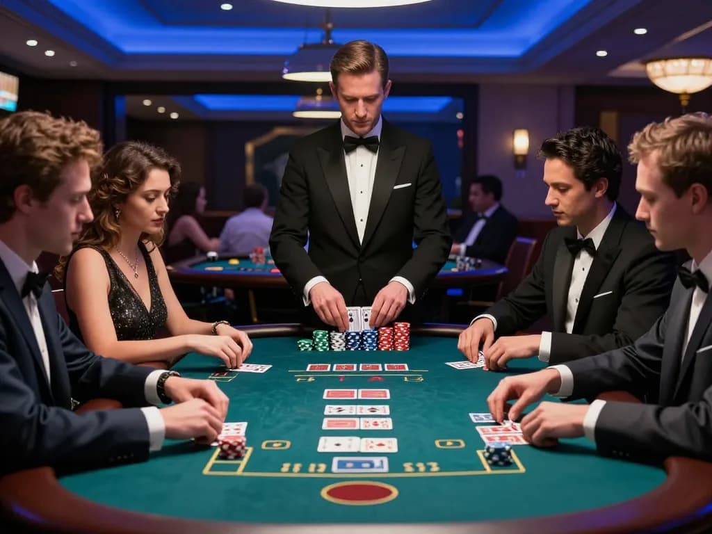 Experience thrilling gameplay at 789winf's blackjack table, featuring intense players and skilled dealer.