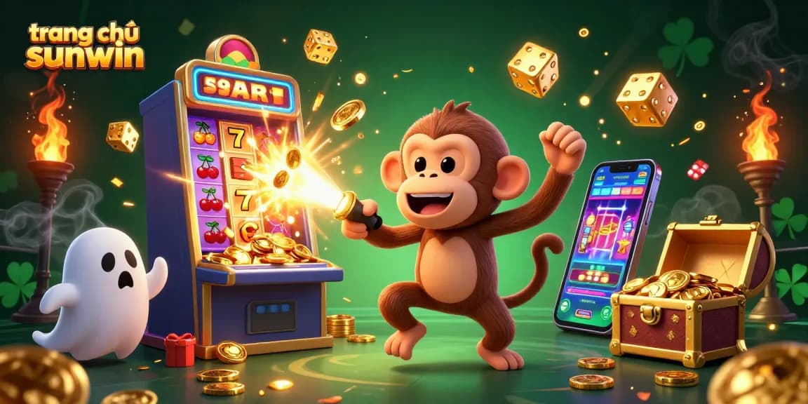 Experience gaming excitement at trang chủ sunwin with a lively casino scene featuring a mischievous monkey and ghost-hunter puppy.