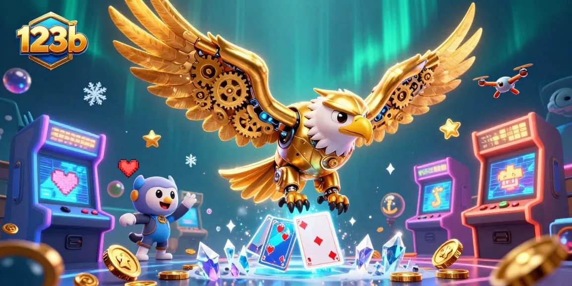 Engage in thrilling games with 123b, featuring a golden eagle amidst vibrant holographic playing cards.