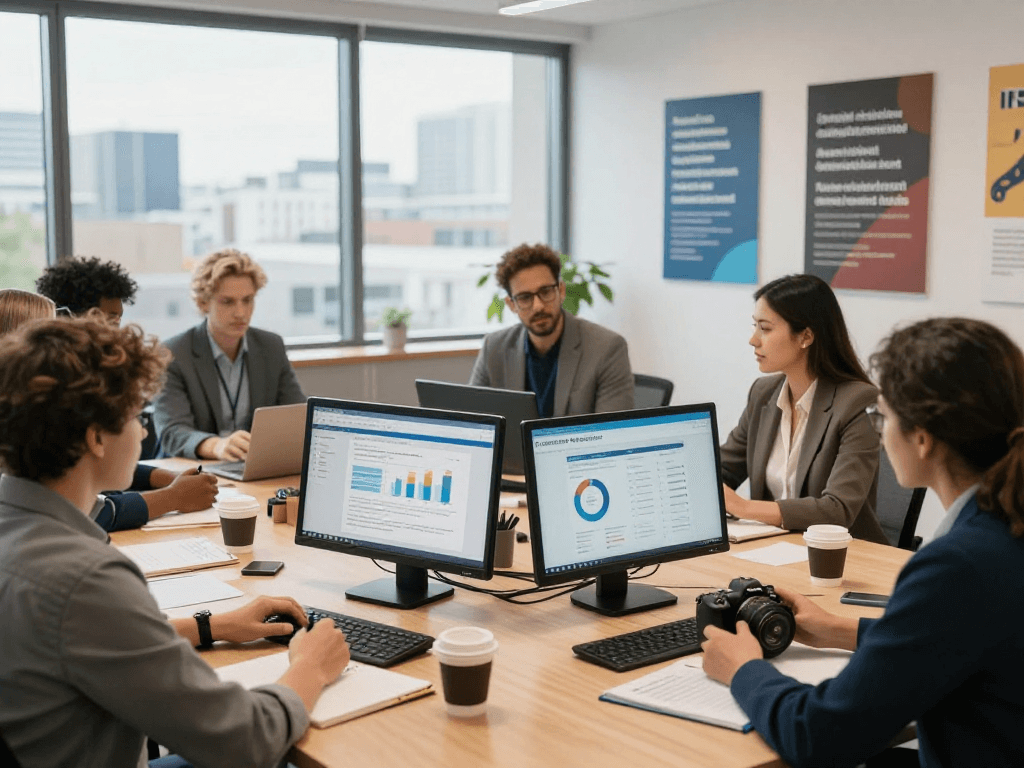 Engaging team discussion on Datenschutz und Barrierefreiheit for Öffentliche und gemeinnützige Einrichtungen Kommunen.