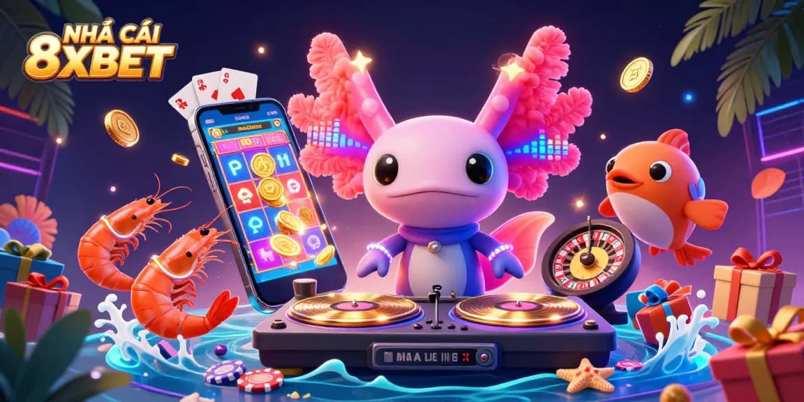 Experience the excitement of NHÀ CÁI 8XBET with vibrant underwater casino illustrations featuring playful characters and lively game elements.