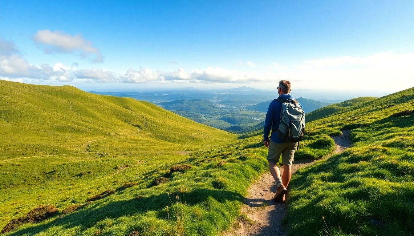 Kerry Way Fernwanderweg hiker traversing a scenic green landscape in Ireland.