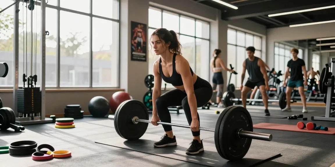 Anabolika Shop: Athletin beim Training im modernen Fitnessstudio, umgeben von Sportgeräten und Sonnenlicht.