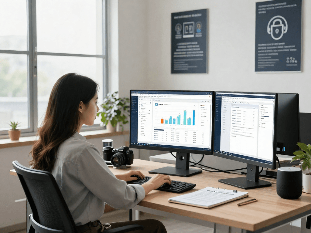Advanced document fraud detection analysis in a modern office environment with data analyst reviewing AI tools and metrics.