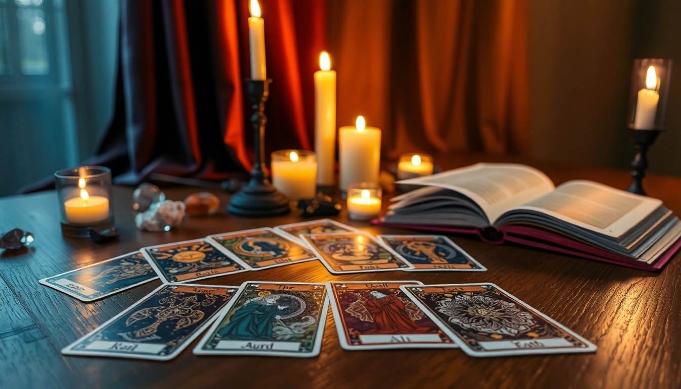 Ergründen Sie die tarotkarten bedeutung mit einem mystischen Tarot-Setup und warmem Kerzenlicht.