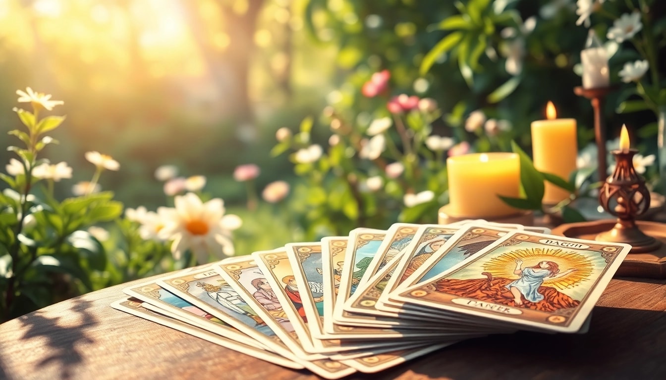 Erforschen Sie tarotkarten bedeutung mit bunten Karten im Garten bei warmem Licht