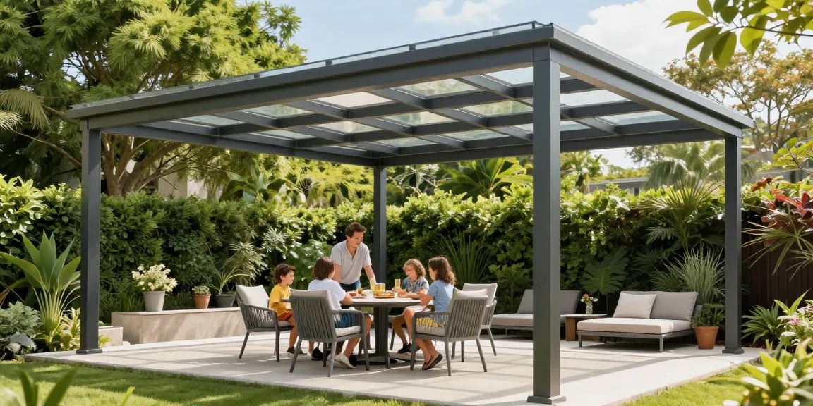 Moderne Terrassenüberdachung mit Familie im Garten, einladende Atmosphäre.