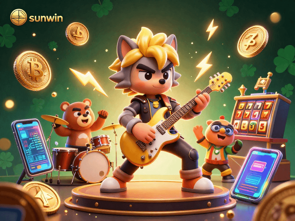 Experience the vibrant action at sunwin's casino stage with rock star wolves and crypto elements.