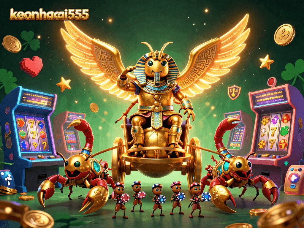 Join keonhacai555 to unlock thrilling slot gameplay with a dynamic 3D casino illustration.