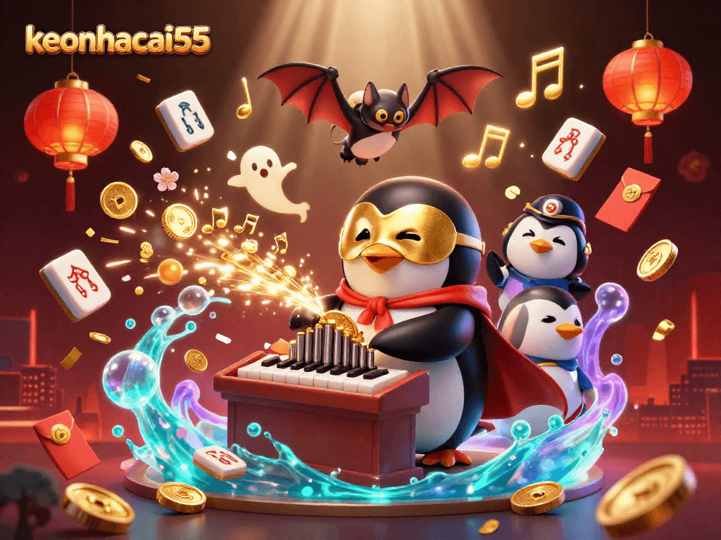 Experience the magic of keonhacai55 with a vibrant 3D scene of a penguin playing an organ