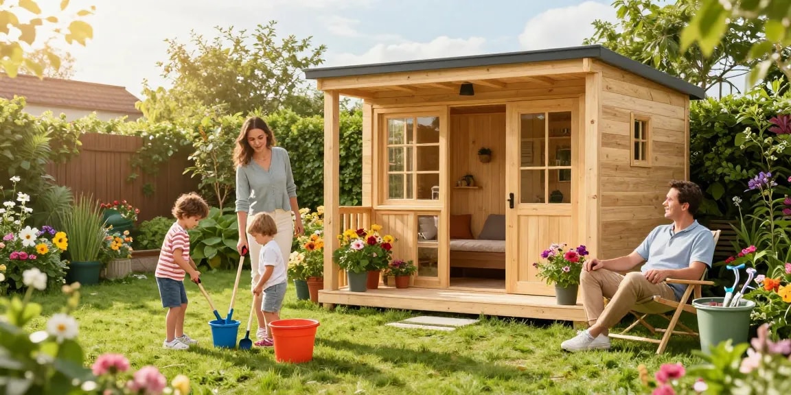 Familie genießt ihr neues Gartenhaus im Garten mit bunten Blumen und grüner Wiese.