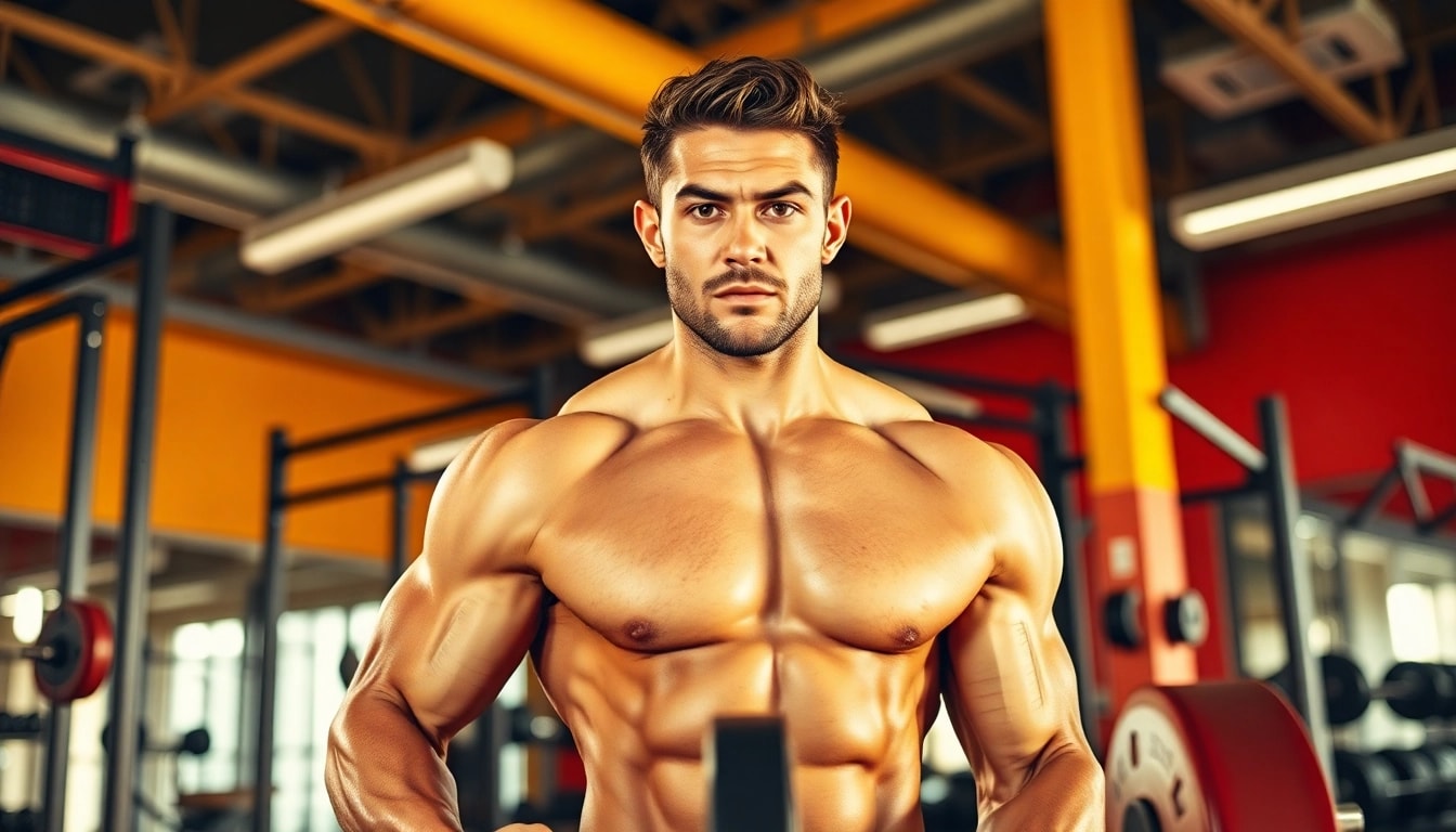 Proviron kaufen - Starker Athlet im Fitnessstudio mit konzentriertem Blick und Gewichten.