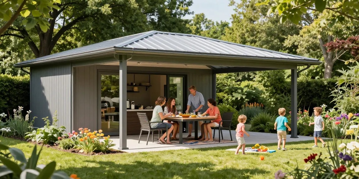 Die freistehende Terrassenüberdachung im Garten bietet Schutz für Familie und Freunde bei sonnigem Wetter.