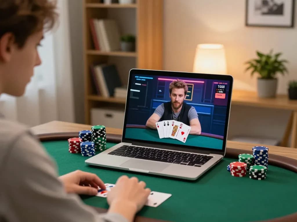 Player strategizing in online poker on 98win's platform with colorful chips and cards on display.