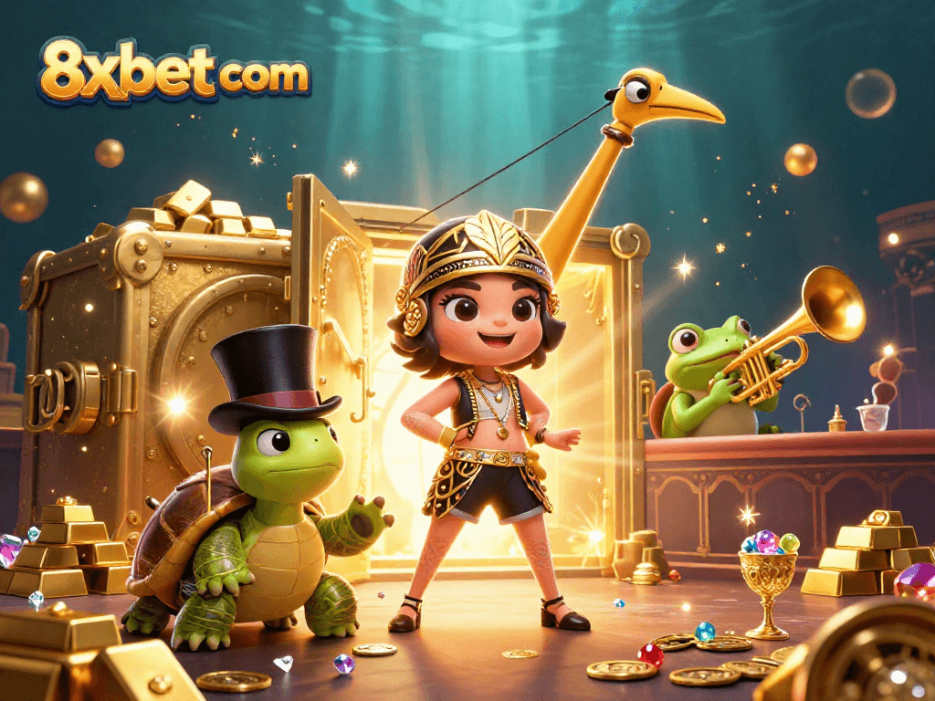 Experience thrilling gameplay at 8xbet com with vibrant treasures and dynamic characters in this lively casino illustration.