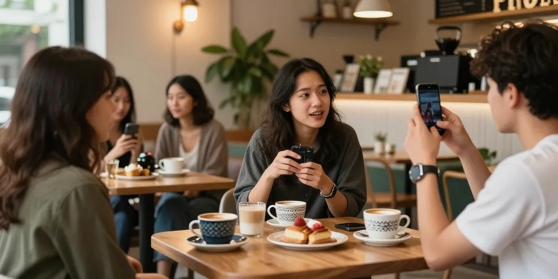 Friends enjoying quality time at a rokok88 coffee shop with pastries and greenery.