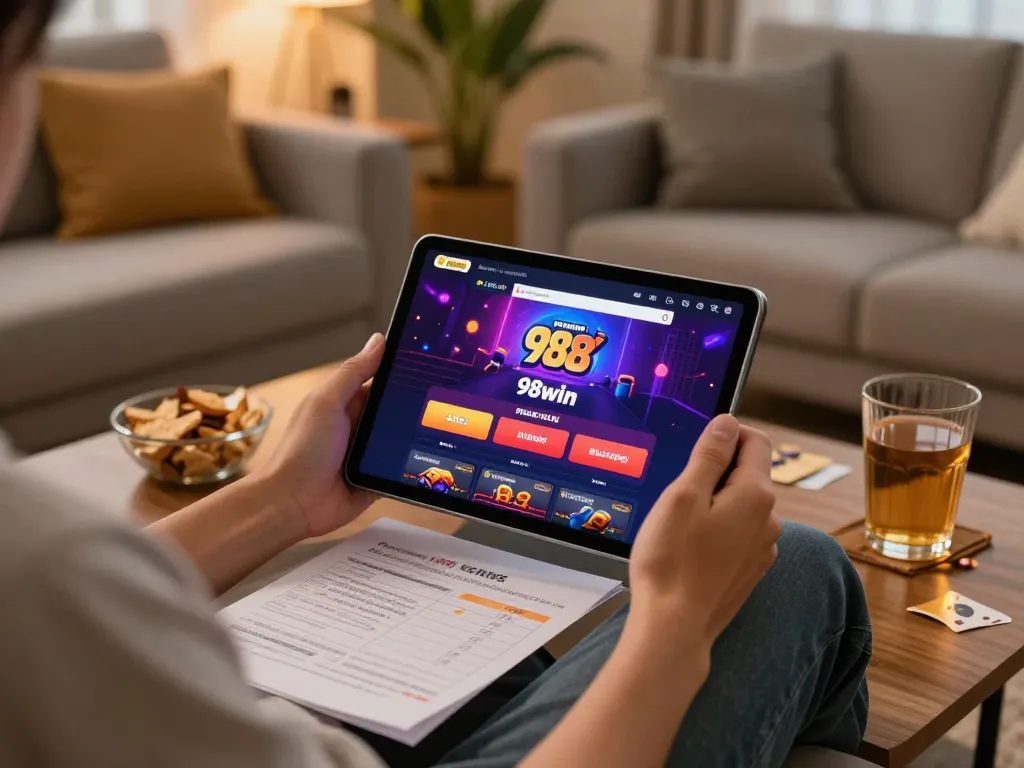 Engaged player on link 98win using a tablet for online betting with strategy notes on the table