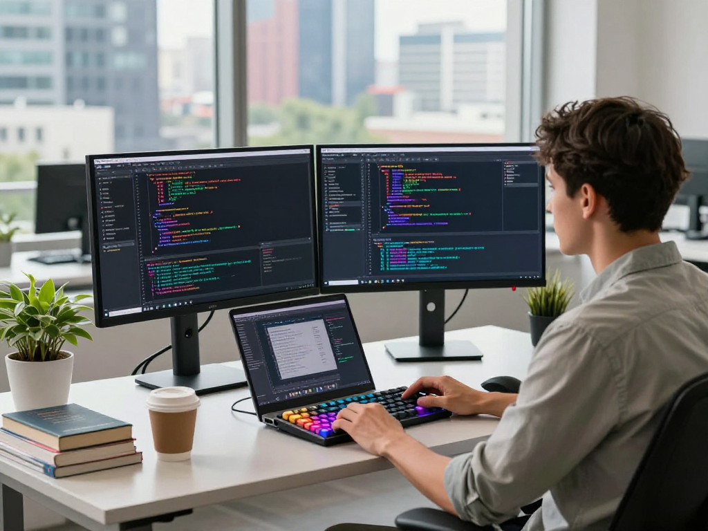 Developer focused on coding at a workspace featuring dual monitors and modern tech elements for http://debet-app.com.