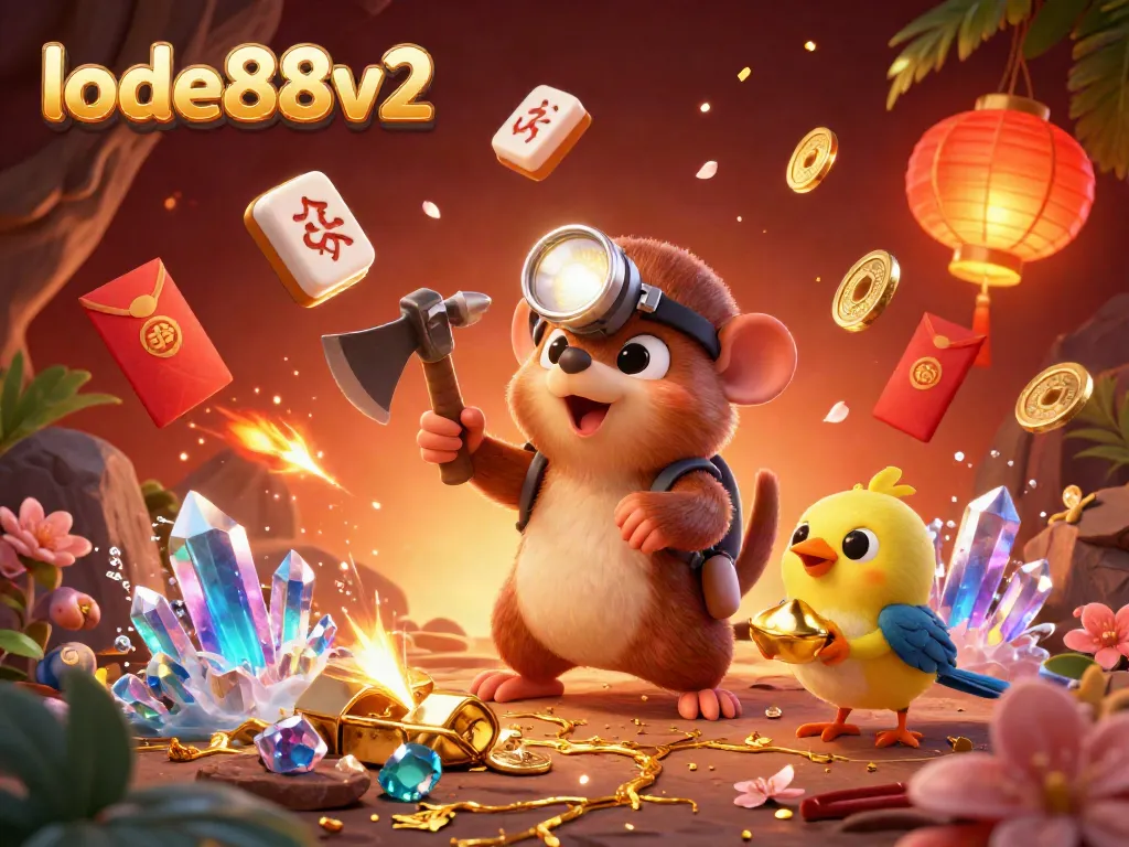 Engage with lode88v2's exciting treasure hunt in this vibrant casino-themed illustration.