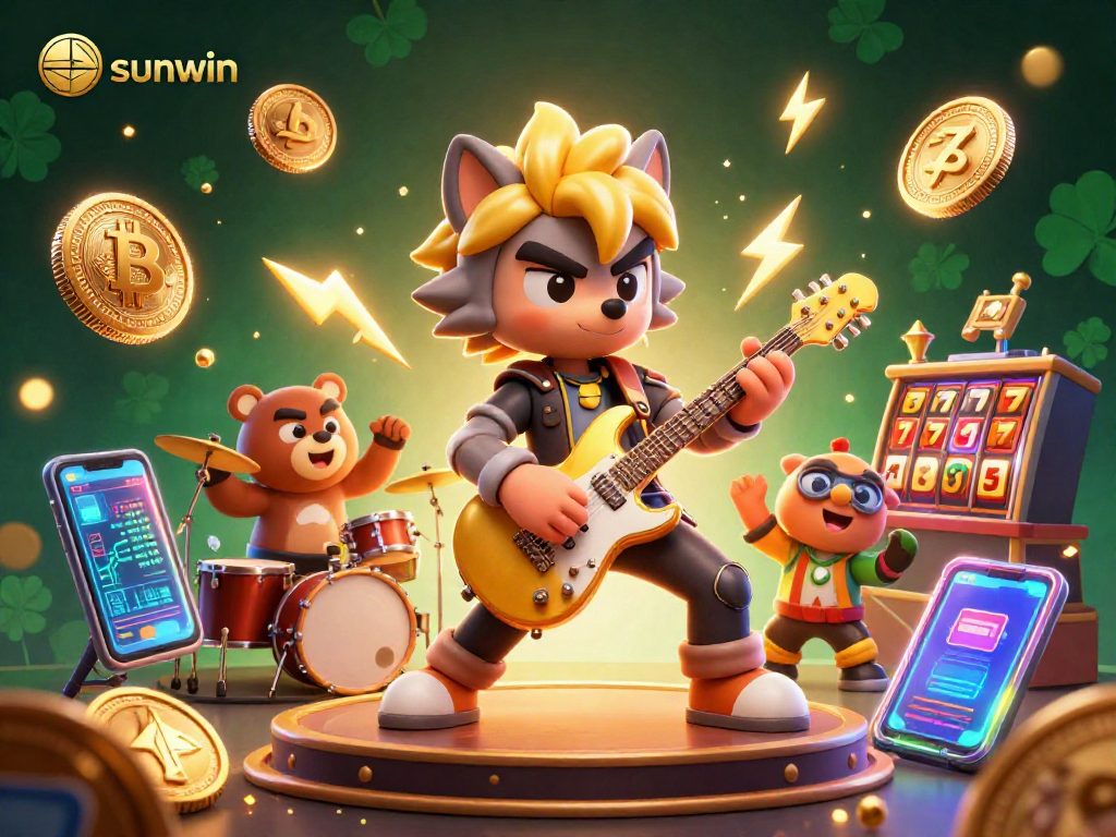 Experience the vibrant action at sunwin's casino stage with rock star wolves and crypto elements.