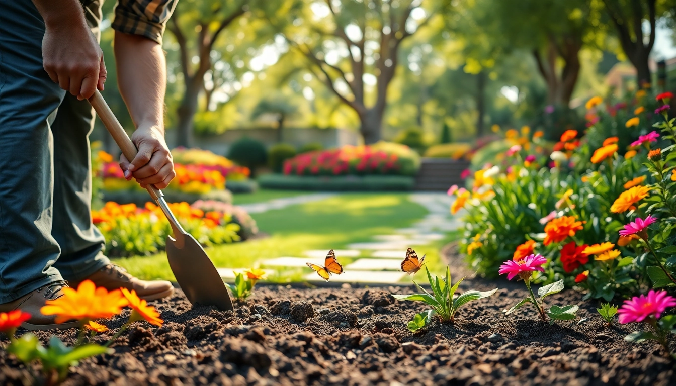 Galabauer gestaltet eine blühende Gartenlandschaft mit bunten Pflanzen.
